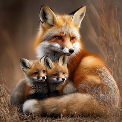 Obraz premium Red Fox Mother and Her Two Kits in Autumn