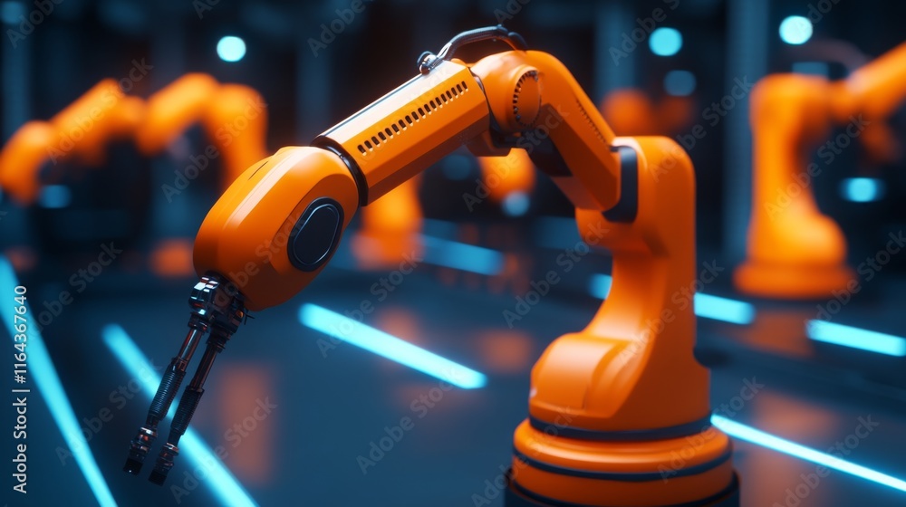 Poster dynamic industrial robot arm in a futuristic automation environment with orange hues highlighting hi