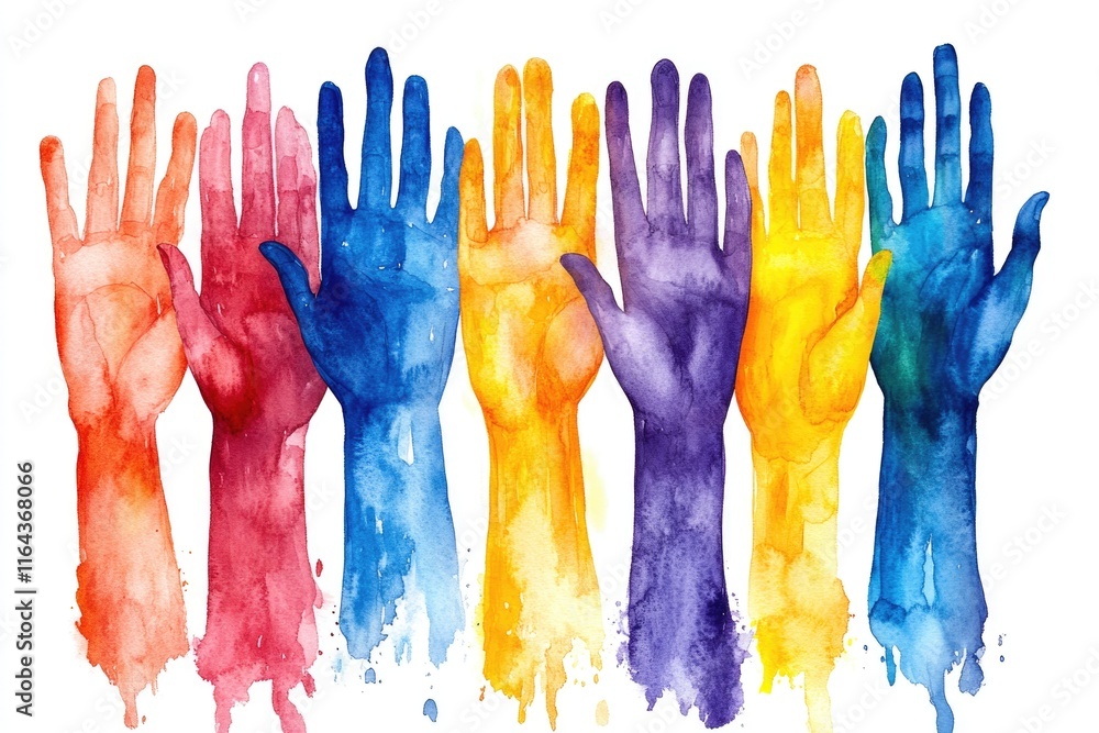 Aufkleber close-up of painted hands with various colors and patterns, ideal for use in creative or artistic pr