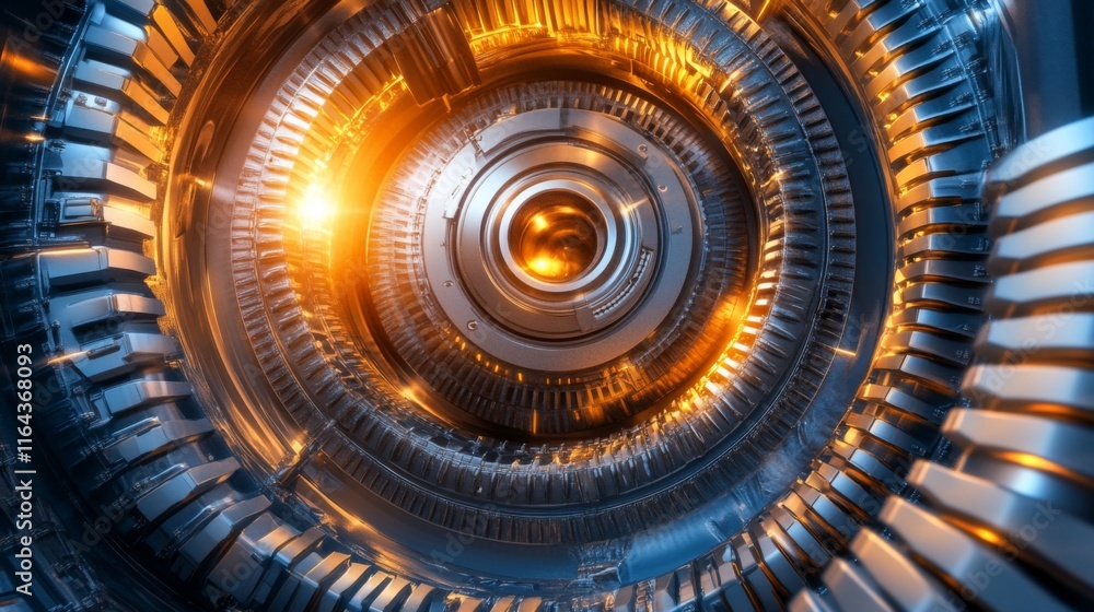 Poster futuristic close-up view of a high-tech mechanical structure featuring metallic components and vibra