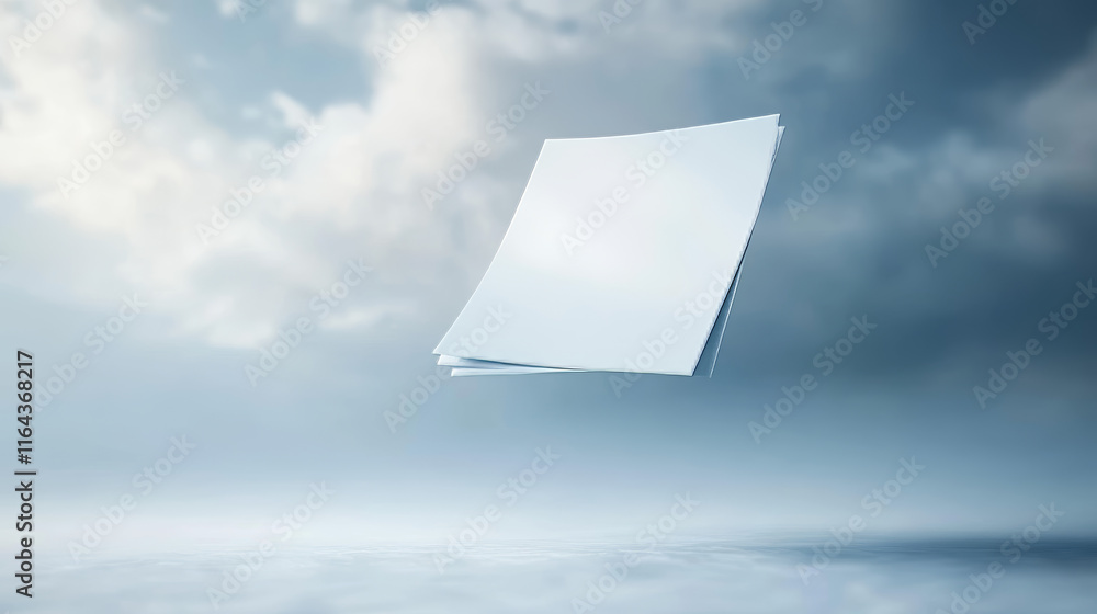 Poster 3d white fly paper sheet. fall isolated document. blank falling realistic letter set mockup. curl of