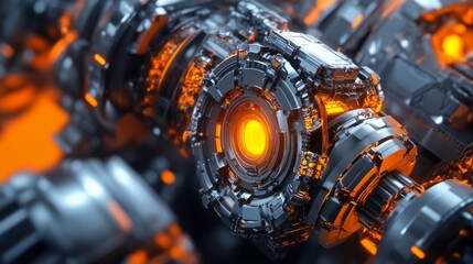 Fototapeta premium Futuristic Cybernetic Design with Glowing Orange Core, Metallic Surfaces, and Intricate Details Captured in High-Definition for Technology and Innovation Themes