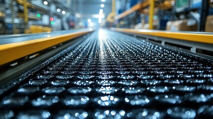 Obraz premium Conveyor belt in a factory setting, reflecting light.