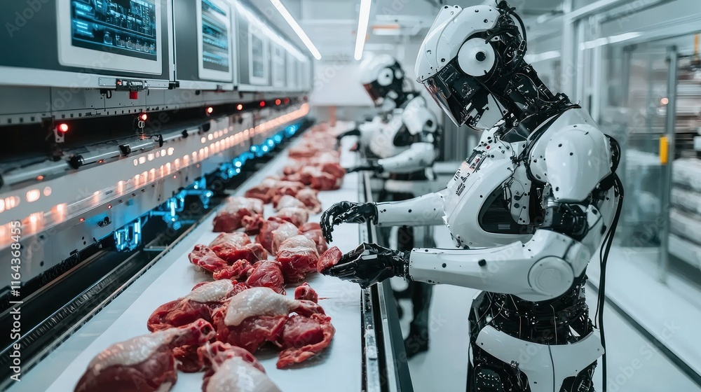 Poster robots processing meat in an industrial setting.