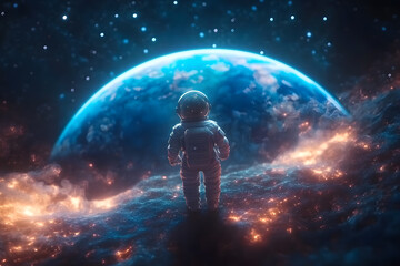 Obraz premium Alone astronaut in space contemplating the immensity of the universe. Back view. Research and exploration of the universe