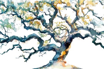 A beautiful watercolor illustration of a large tree with lush foliage and a sturdy trunk, ideal for use in nature-inspired designs