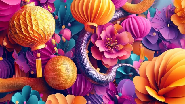 Happy Chinese New Year of the Snake 2025. Vector 3d modern abstract illustration of geometric chinese lanterns, sequin pattern, floral ornament for China greeting card, poster, background or postcard