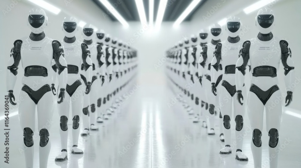 Poster futuristic laboratory filled with identical robots in a clean, modern environment showcasing advance