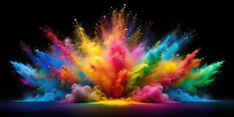 A vibrant explosion of multicolored powder, a dynamic burst of color against a dark background.