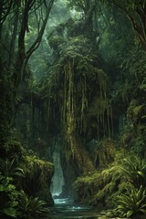 Naklejka premium Lush vegetation and river flowing through a mystical jungle forest creating a magical atmosphere