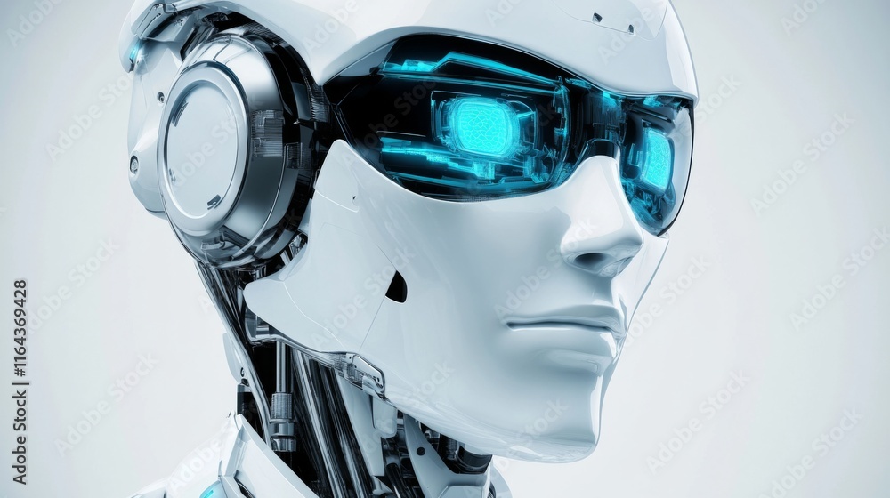 Poster futuristic robot head with blue led lights and high-tech features, showcase of robotics and artifici