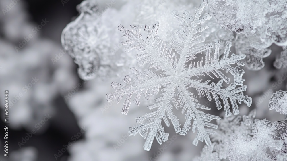 Poster a close-up view of a single snowflake resting on a bare tree branch, highlighting its delicate detai