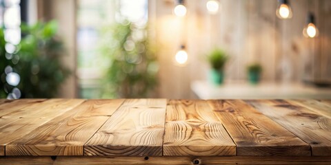 Rustic Wooden Tabletop Display with Blurred Warm Background Featuring Indoor Plants and Soft Lighting
