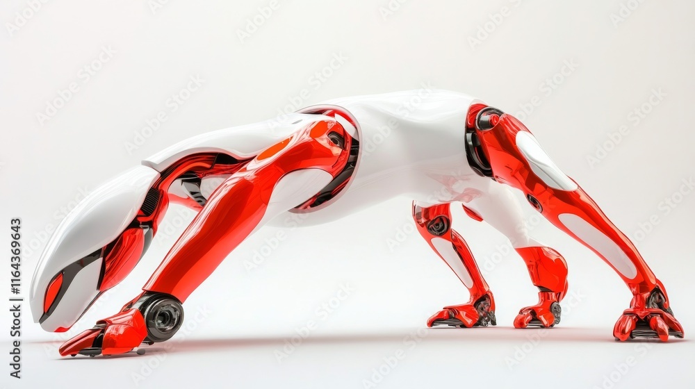 Poster futuristic robotic creature in dynamic pose with sleek red and white design, symbolizing advanced te