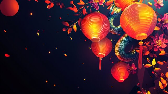 Happy Chinese New Year of the Snake 2025. Vector 3d modern abstract illustration of geometric chinese lanterns, sequin pattern, floral ornament for China greeting card, poster, background or postcard