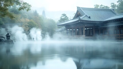 Serene Japanese Spring Landscape with Mist-Shrouded Pond and Traditional Architecture