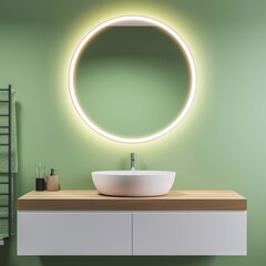 Modern Bathroom Design with Round Mirror and Green Wall Accent