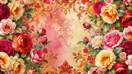 Fototapeta premium A vibrant watercolor painting of a luxurious floral arrangement featuring various rose varieties and ornate gold leaf accents on a soft pink background
