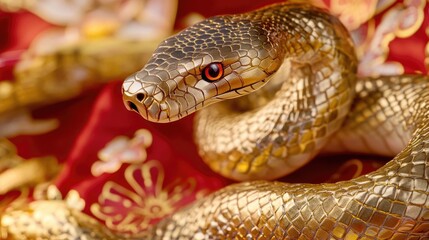 Fototapeta premium Close-up view of a snake on a red cloth