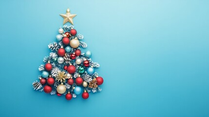 A festive arrangement of a Christmas tree made of vibrant ornaments and pinecones rests against a light blue backdrop, evoking holiday cheer and creativity