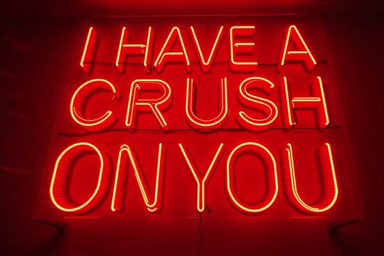 Bright red neon sign displaying the message 'I HAVE A CRUSH ON YOU' in bold letters against a dark background.