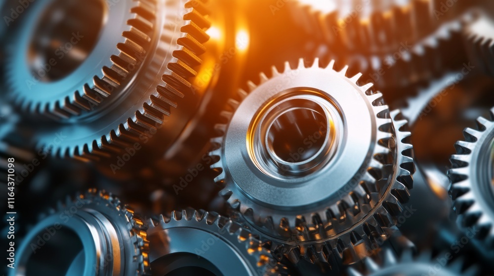 Poster high-resolution close-up of interlocking steel gears in a complex mechanical assembly with a warm gl