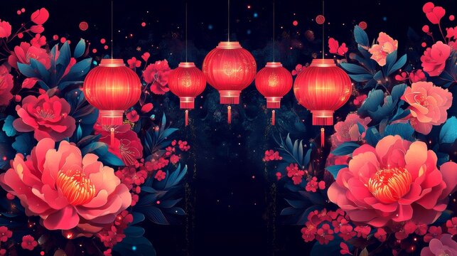 Happy Chinese New Year of the Snake 2025. Vector 3d modern abstract illustration of geometric chinese lanterns, sequin pattern, floral ornament for China greeting card, poster, background or postcard