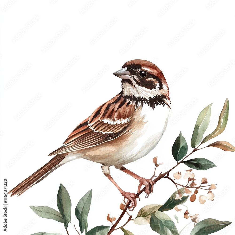 Poster sparrow on a tree branch on a light background, illustration