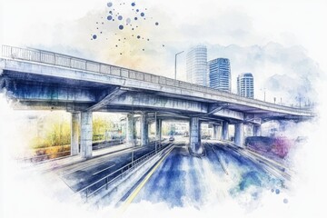 Obraz premium Watercolor illustration of a train passing underneath a bridge