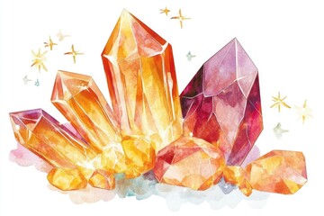 A colorful illustration of various crystals on a white background