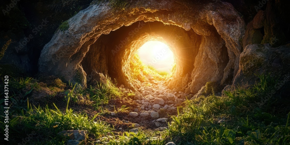 Poster sunlight emerging from a cave opening surrounded by lush greenery and rough stone walls, creating a 