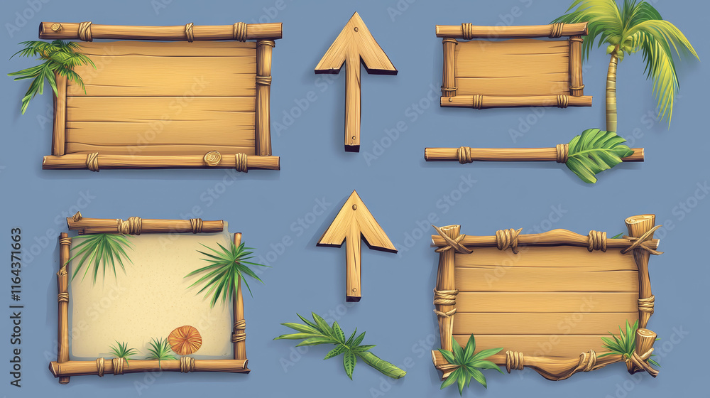 Poster wood pointer bamboo game ui frame vector. direction arrow sign board on stick set. isolated tropical