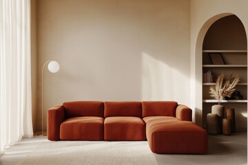 Modern living room with orange sofa and stylish decor elements