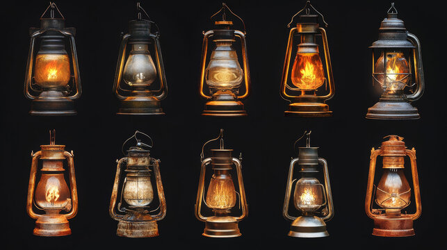 Old oil lamp, gas or kerosene camp lantern vector set. Antique light with fire isolated design. Vintage garden and camping portable outdoor warning flame. Safety miner hanging brass equipment
