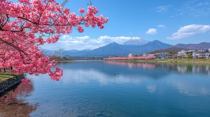 Scenic view of cherry blossoms by a tranquil lake.