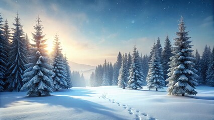 Fototapeta premium Serene Winter Sunrise in a Snow-Covered Evergreen Forest with Footprints in the Snow