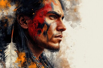 A portrait of a Native American man with traditional face paint, ready for ceremonial or cultural events