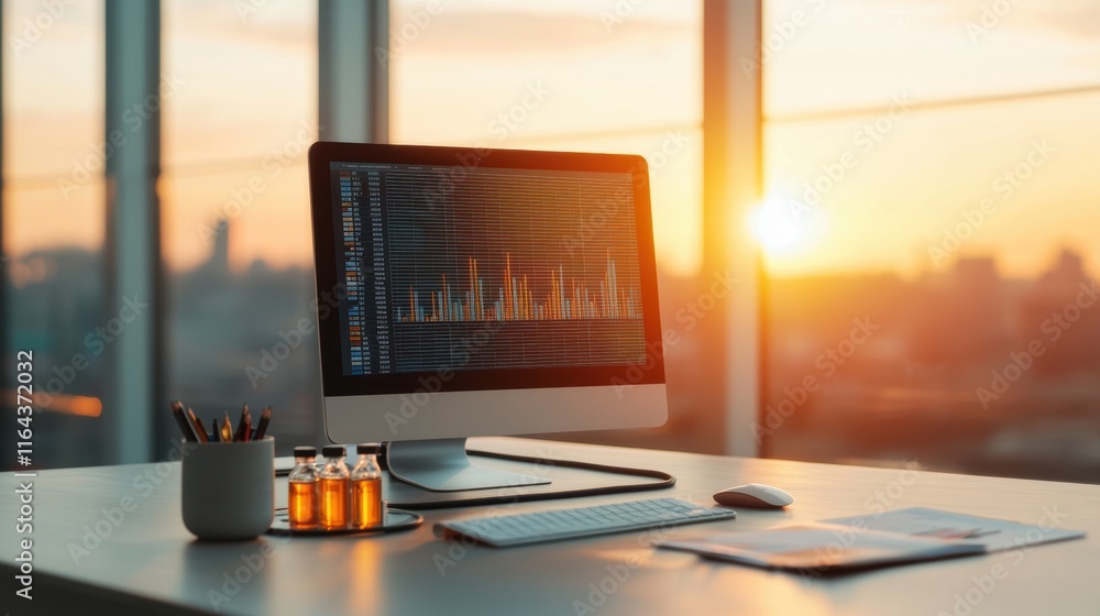 Poster computer displaying data analysis at sunrise in modern office