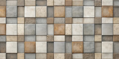 A Diverse Array of Neutral-Toned Square Tiles Forming a Seamless Pattern for Interior or Exterior Wall Applications