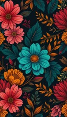 Floral pattern illustration with red, orange, and blue blossoms and foliage on a dark background is perfect for wallpaper or fabric design.