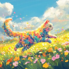 Obraz premium Rainbow Cat Leaps Through Vibrant Flower Field