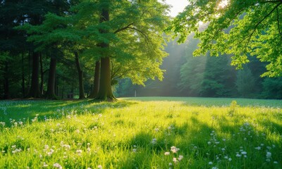 Obraz premium Sunlit grassy field with flowers and trees