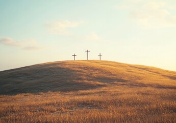Obraz premium Three Rustic Crosses on a Golden Hill at Sunset Beneath a Clear Sky, Symbolizing Faith, Hope, and Reflection in a Serene Landscape, Evoking Spiritual Contemplation
