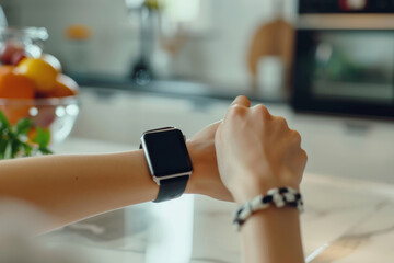 Woman checking time on modern smartwatch in kitchen