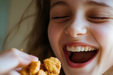 A young girl holding a piece of food in her hand, possibly preparing for a meal or snack