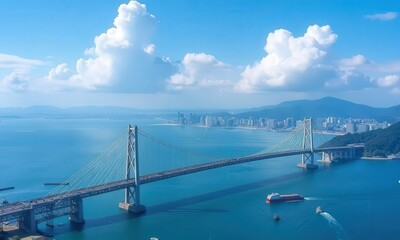 Fototapeta premium Suspension bridge over water, boats and city skyline