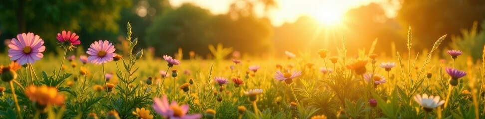 Fototapeta premium Wildflowers and tall grasses stretch towards warm sunlight, serene atmosphere, natural colors, natural scenery