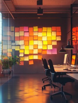 Innovative Business Planning with Generative AI Sticky Notes on the Wall for Effective Strategy Development and Collaborative Idea Generation in Modern Workspaces