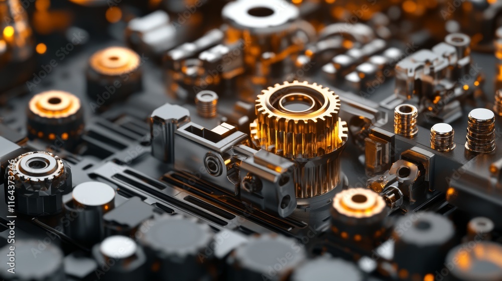 Poster intricate close-up of a high-tech mechanical gear surrounded by circuit components in a bronze and b