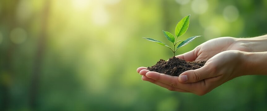 Close-up of hands holding a small plant sprout with soil, symbolizing new beginnings, growth concept, environment protection and sustainability